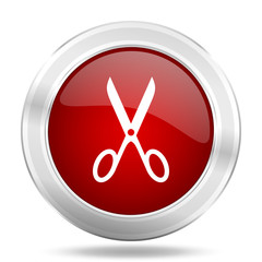 scissors icon, red round glossy metallic button, web and mobile app design illustration