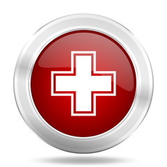 pharmacy icon, red round glossy metallic button, web and mobile app design illustration