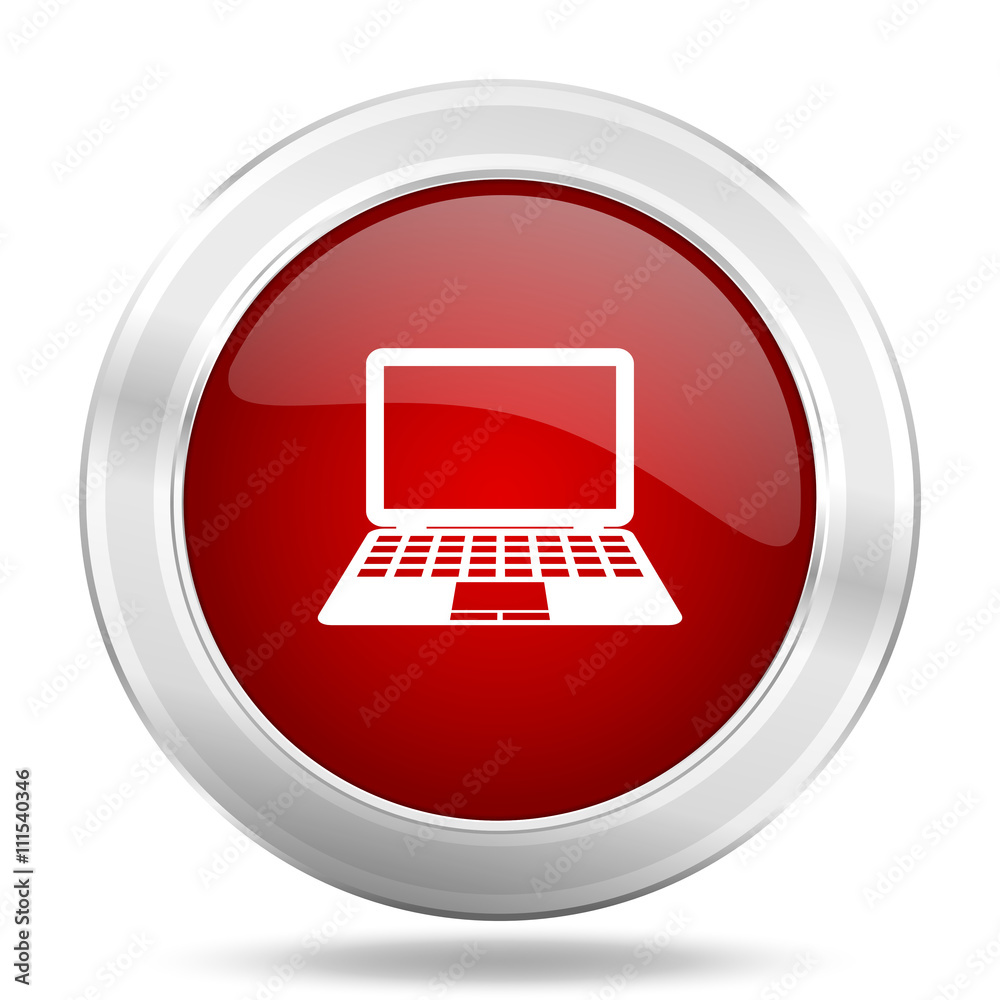 Poster computer icon, red round glossy metallic button, web and mobile app design illustration