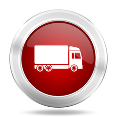 delivery icon, red round glossy metallic button, web and mobile app design illustration