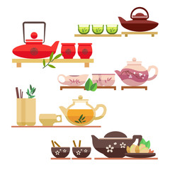 Chinese tea ceremony flat vector icons