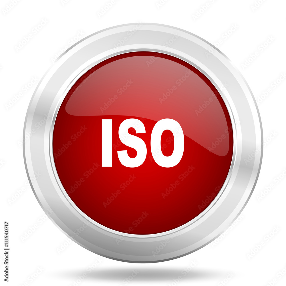 Poster iso icon, red round glossy metallic button, web and mobile app design illustration