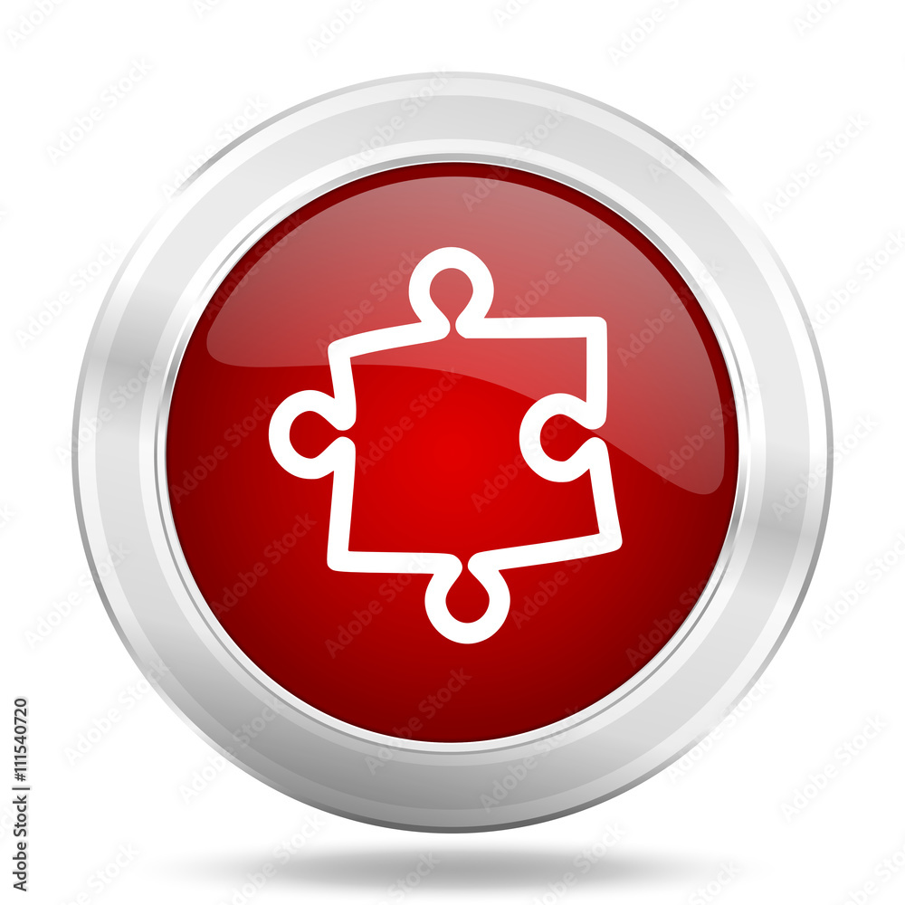 Poster puzzle icon, red round glossy metallic button, web and mobile app design illustration