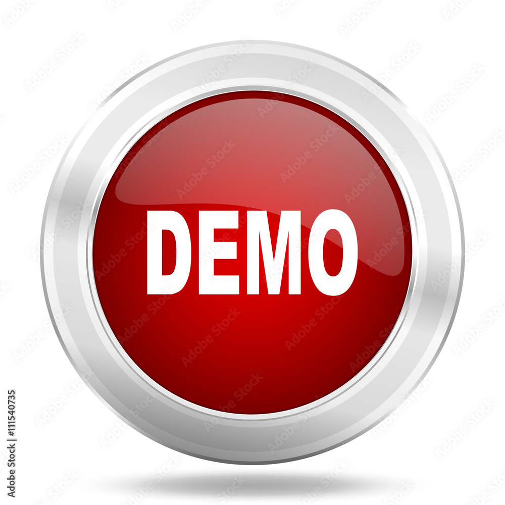 Poster demo icon, red round glossy metallic button, web and mobile app design illustration