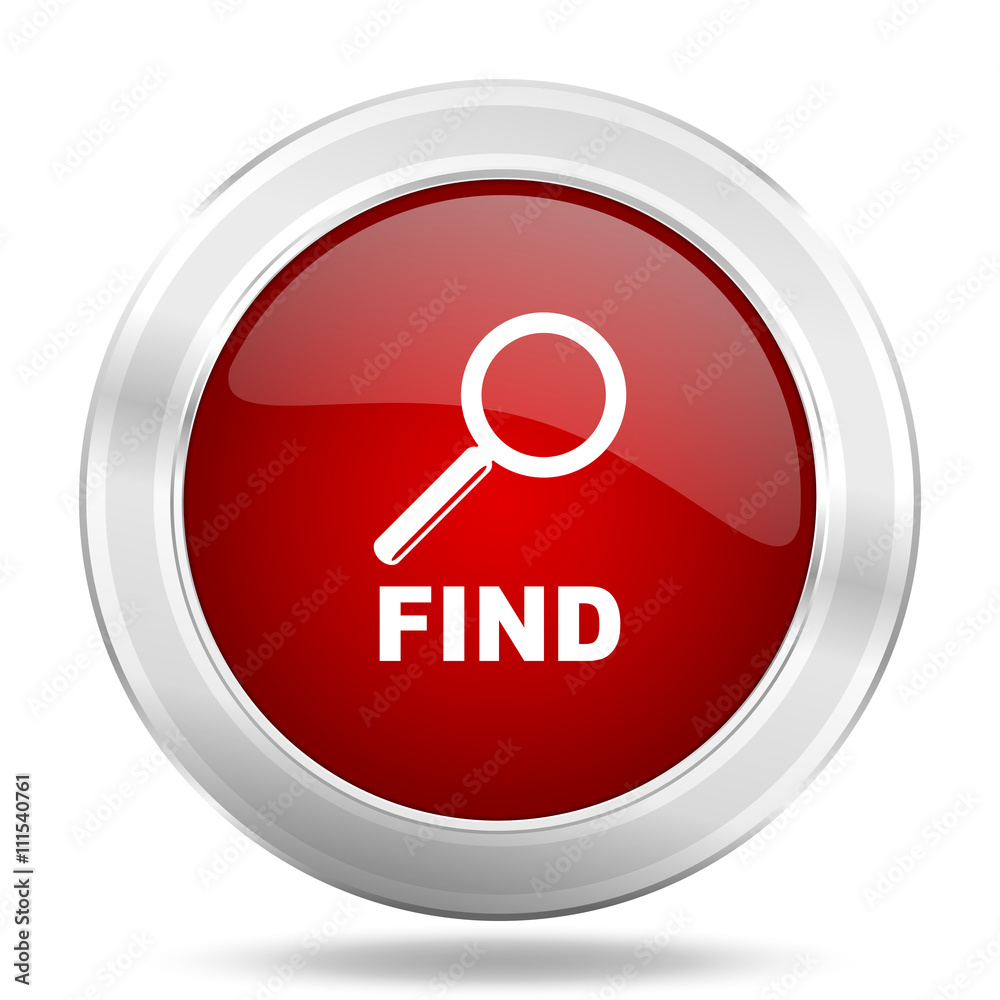 Poster find icon, red round glossy metallic button, web and mobile app design illustration