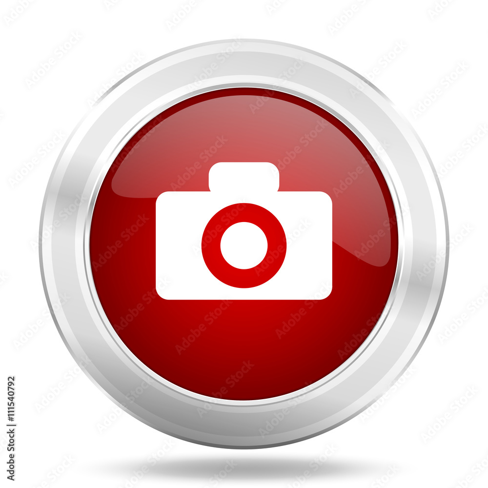 Poster camera icon, red round glossy metallic button, web and mobile app design illustration