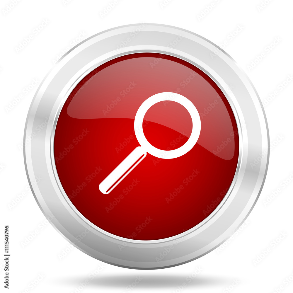 Poster search icon, red round glossy metallic button, web and mobile app design illustration