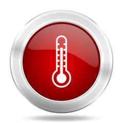 thermometer icon, red round glossy metallic button, web and mobile app design illustration