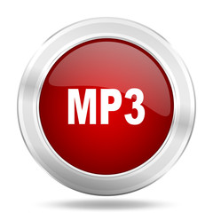 mp3 icon, red round glossy metallic button, web and mobile app design illustration