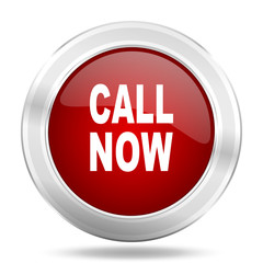 call now icon, red round glossy metallic button, web and mobile app design illustration