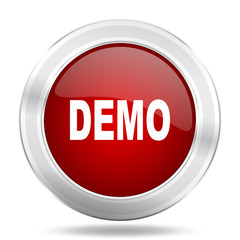 demo icon, red round glossy metallic button, web and mobile app design illustration