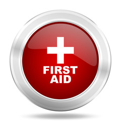 first aid icon, red round glossy metallic button, web and mobile app design illustration