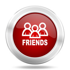 friends icon, red round glossy metallic button, web and mobile app design illustration