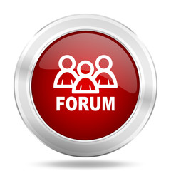 forum icon, red round glossy metallic button, web and mobile app design illustration