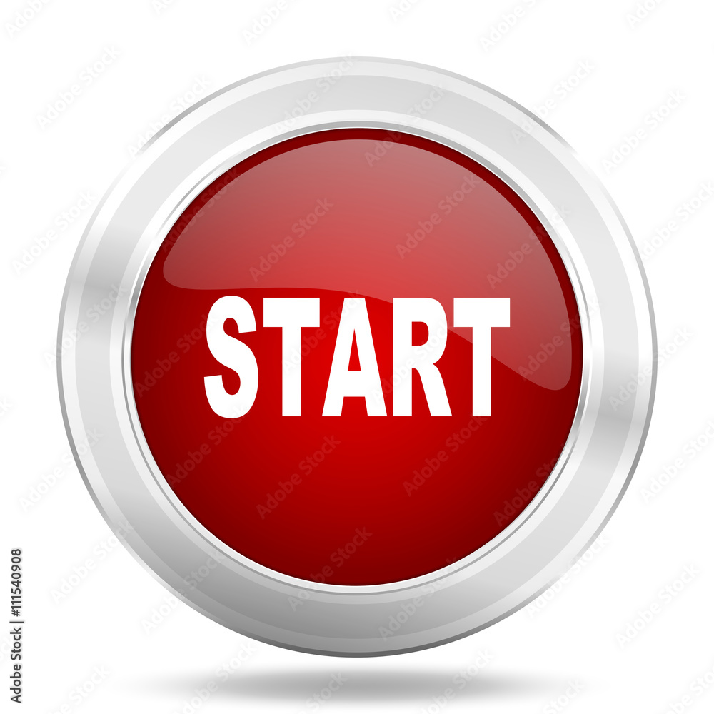 Poster start icon, red round glossy metallic button, web and mobile app design illustration