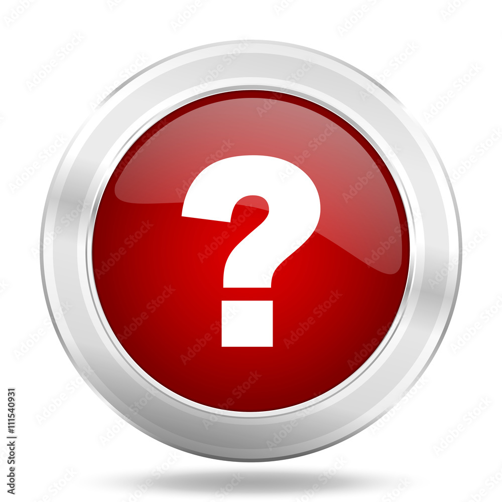 Poster question mark icon, red round glossy metallic button, web and mobile app design illustration