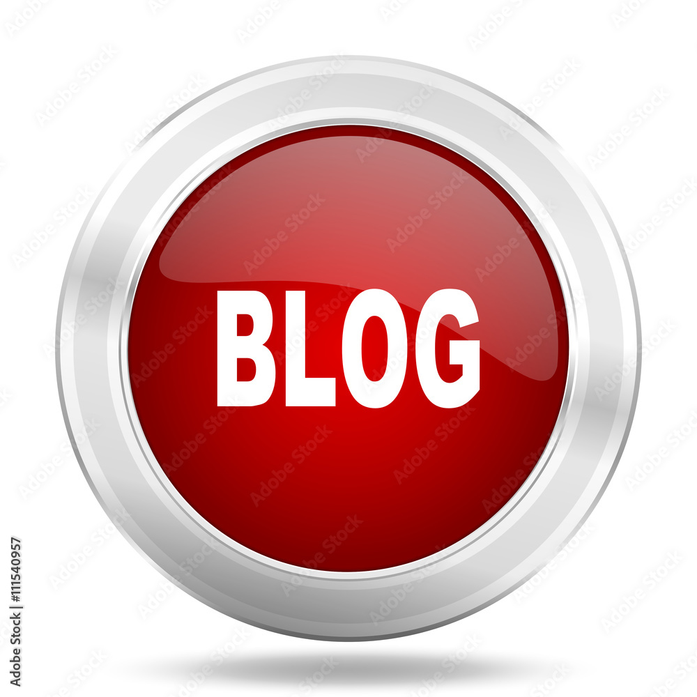 Poster blog icon, red round glossy metallic button, web and mobile app design illustration