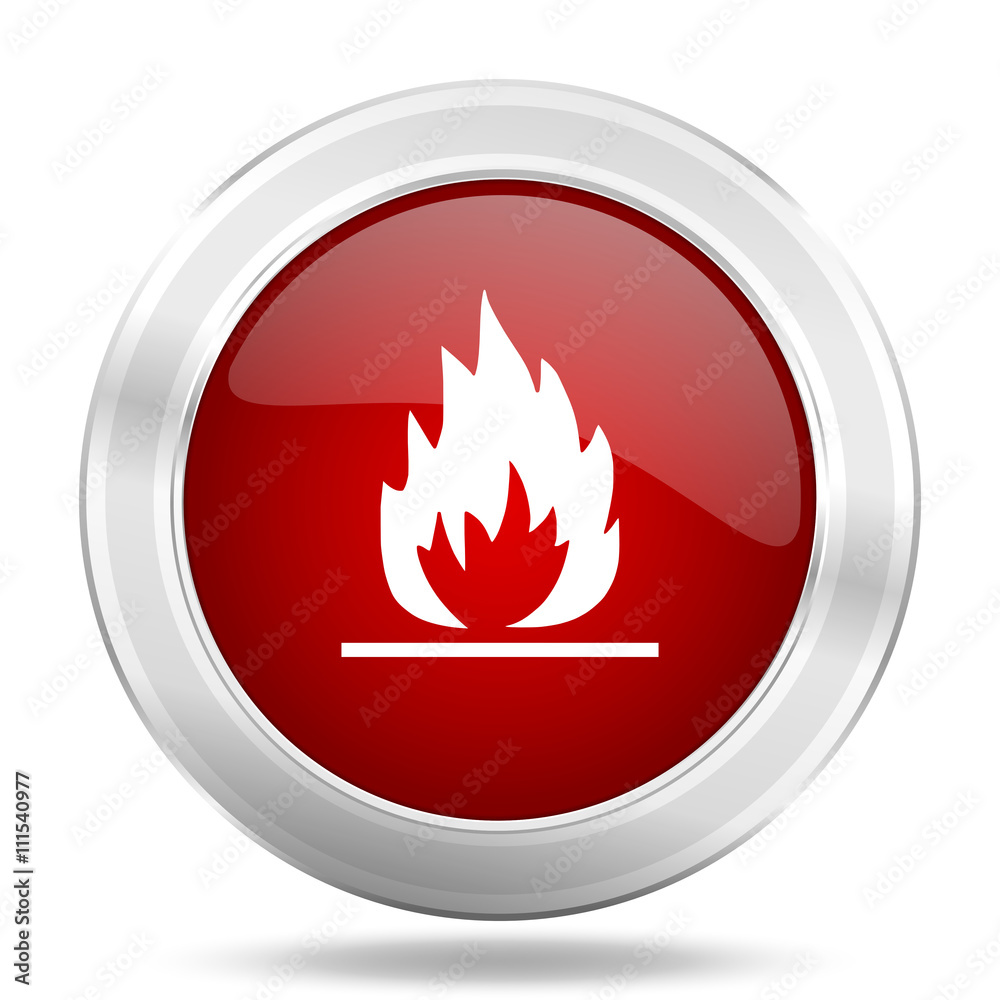 Poster flame icon, red round glossy metallic button, web and mobile app design illustration