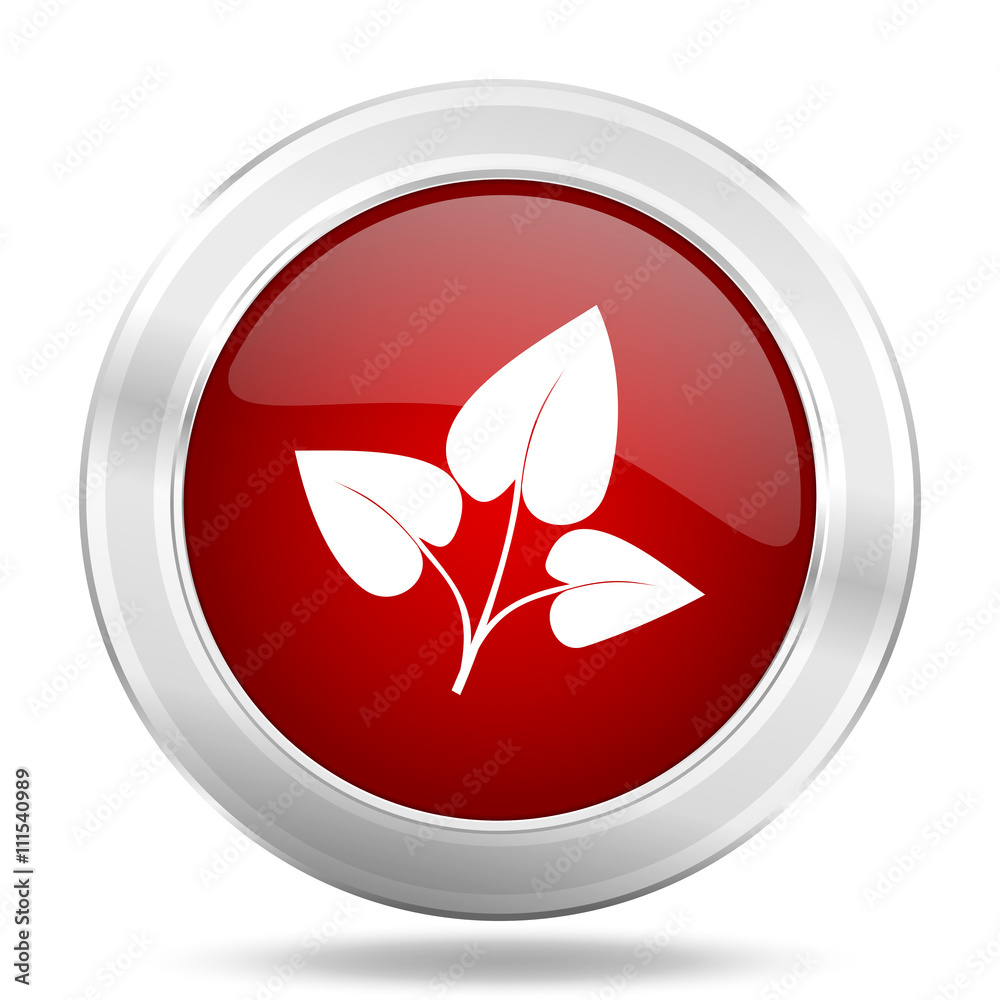 Aufkleber leaf icon, red round glossy metallic button, web and mobile app design illustration