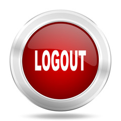 logout icon, red round glossy metallic button, web and mobile app design illustration