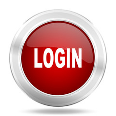 login icon, red round glossy metallic button, web and mobile app design illustration