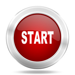 start icon, red round glossy metallic button, web and mobile app design illustration