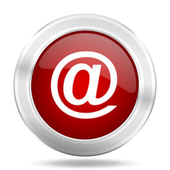 email icon, red round glossy metallic button, web and mobile app design illustration