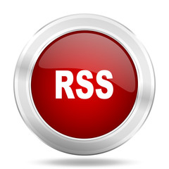 rss icon, red round glossy metallic button, web and mobile app design illustration