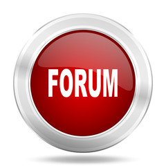 forum icon, red round glossy metallic button, web and mobile app design illustration