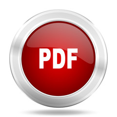 pdf icon, red round glossy metallic button, web and mobile app design illustration