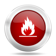 flame icon, red round glossy metallic button, web and mobile app design illustration