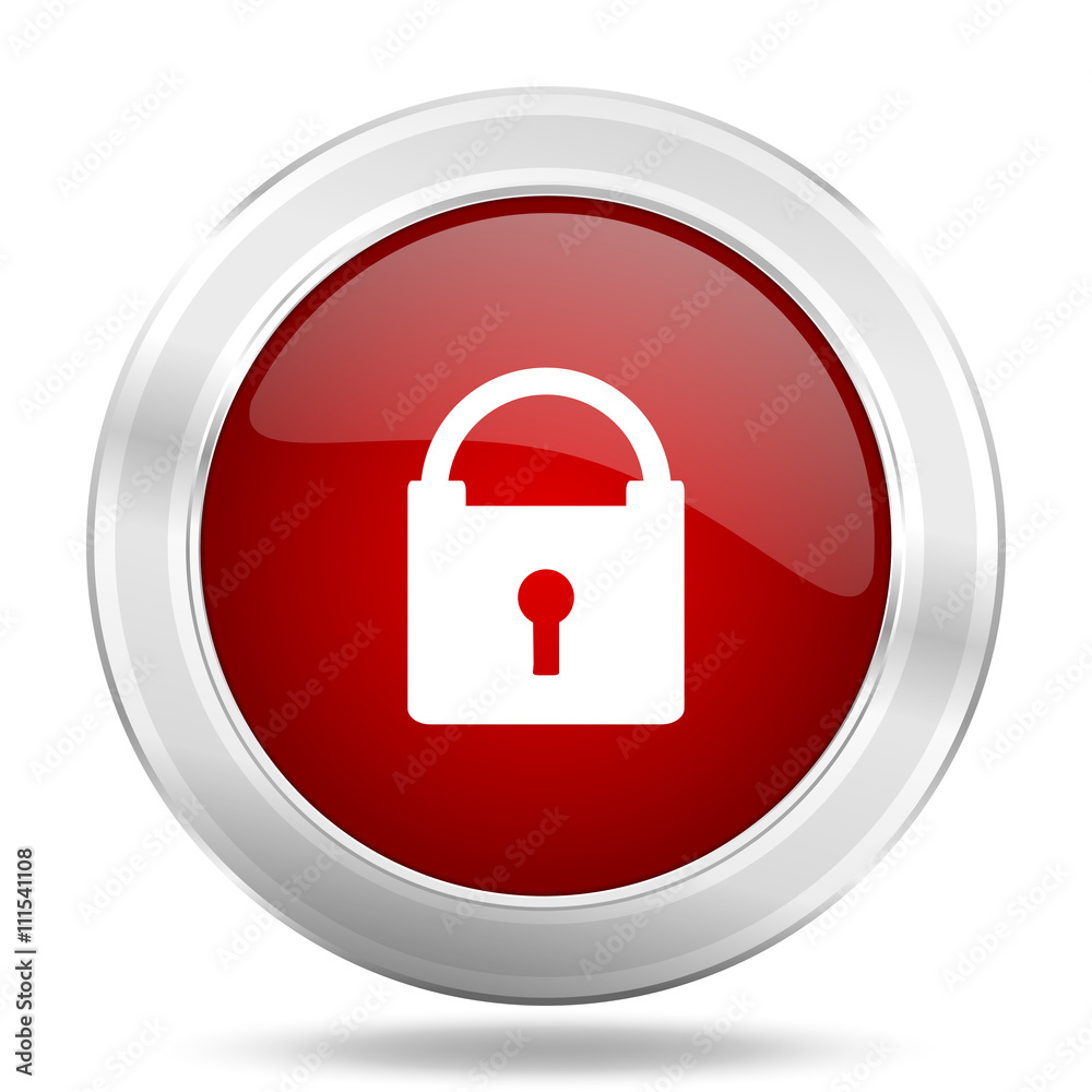 Poster padlock icon, red round glossy metallic button, web and mobile app design illustration