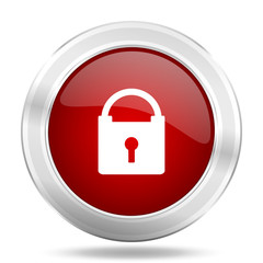 padlock icon, red round glossy metallic button, web and mobile app design illustration