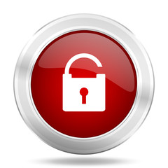 padlock icon, red round glossy metallic button, web and mobile app design illustration