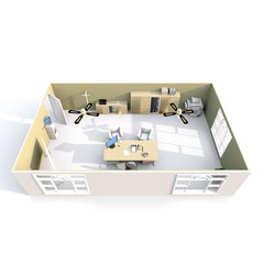 3d interior rendering oblique view of furnished boss office with brown walls