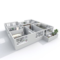 3d interior rendering oblique view of furnished home apartment with balcony: room, bathroom, bedroom, kitchen, living-room, hall, entrance, door, window