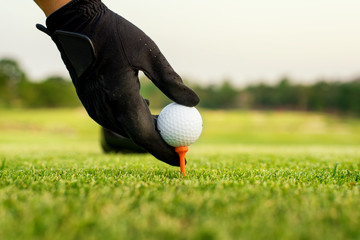 Hand hold golf ball with tee on course, close-up