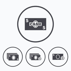 Cash money signs. Currency with coins icons.