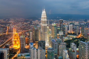 Kuala Lumpur city skyline at dusk in Malaysia