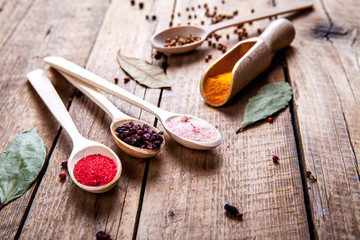 Spices on wooden background. With empty space for advertising te