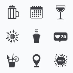 Drinks signs. Coffee cup, glass of beer icons.