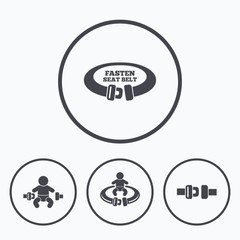 Fasten seat belt signs. Child safety in accident