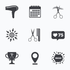 Hairdresser icons. Scissors cut hair symbol.