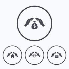 Hands insurance icons. Money savings sign.