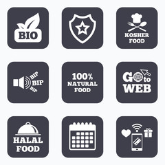Natural Bio food icons. Halal and Kosher signs.