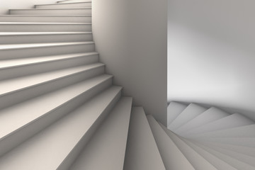 Fototapeta premium 3D Illustration of a simple white spiral staircase with wide steps rotating down from upper left to lower right. Viewpoint looking straight on.