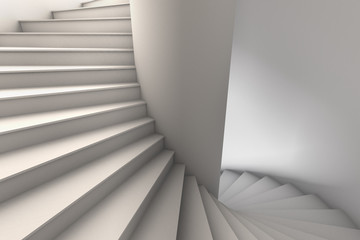 3D Illustration of a white spiral staircase with wide steps rotating down from upper left to lower right.  Viewpoint looking slightly down.