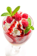 Dessert with raspberry ice cream on a white background