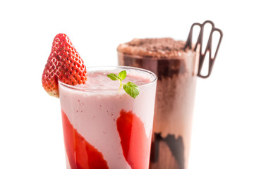 Strawberry and chocolate smoothies on white background