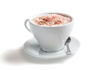 Cappuccino with chocolate topping on a white background